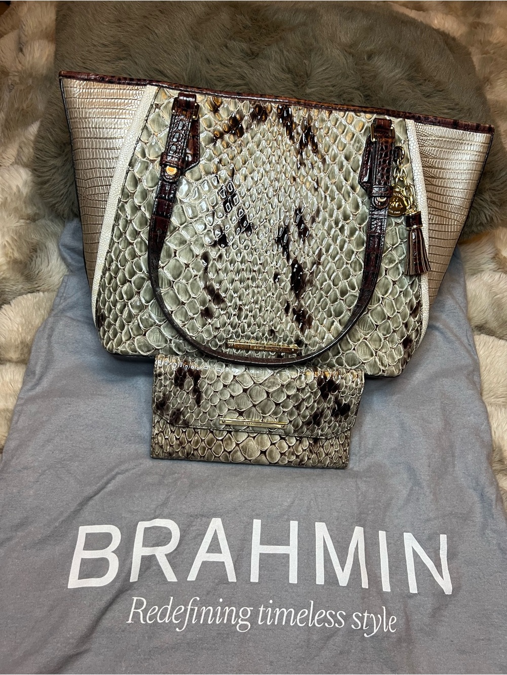 Like New! Brahmin snake-print tote bag and matching clutch set (Retail $550)